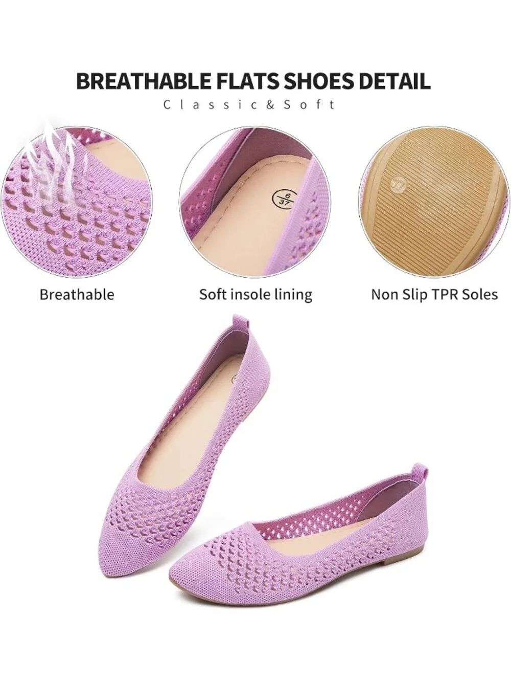 Women's Purple Comfortable Knit Pointed Toe Slip On Business Casual Ballet Flats